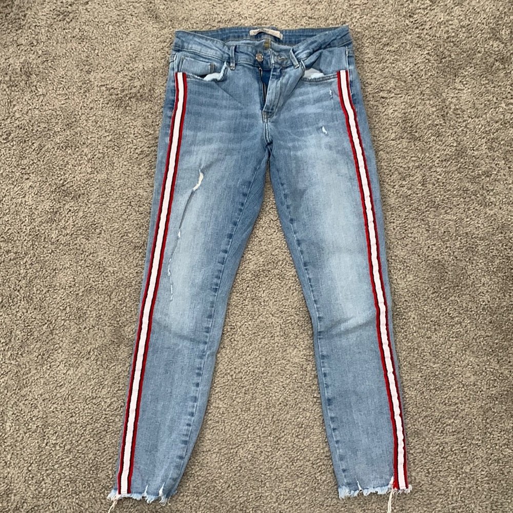 Jeans with Red, White and Black Stripe